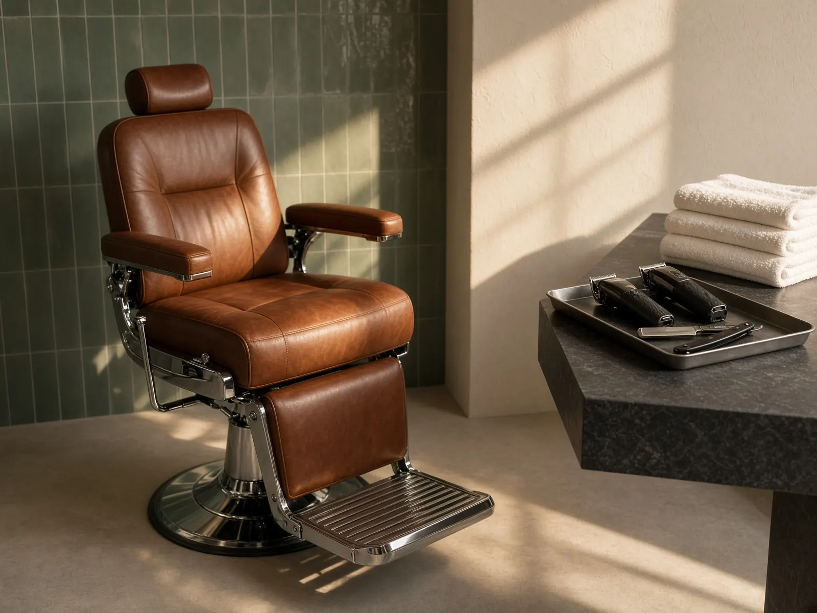 An empty cognac leather barber chair with clippers and hot towels.