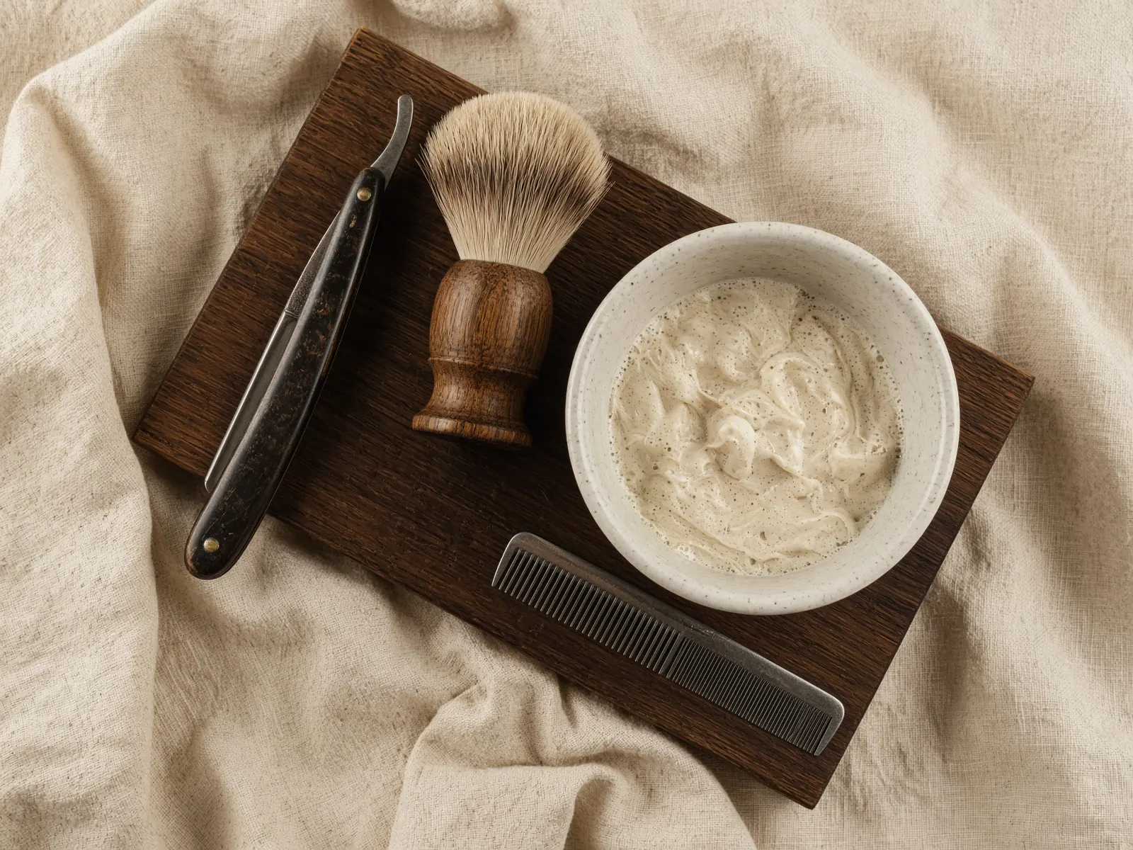 A straight razor, shaving brush, and lather bowl on walnut.