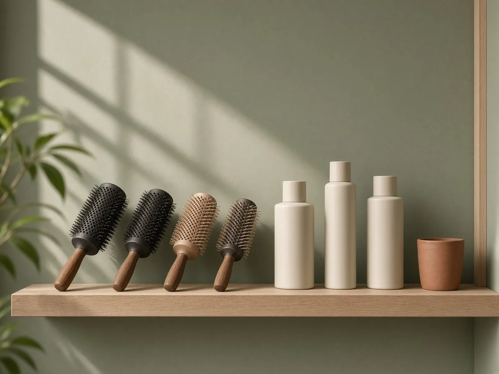 Round brushes and blank bottles on an oak shelf.