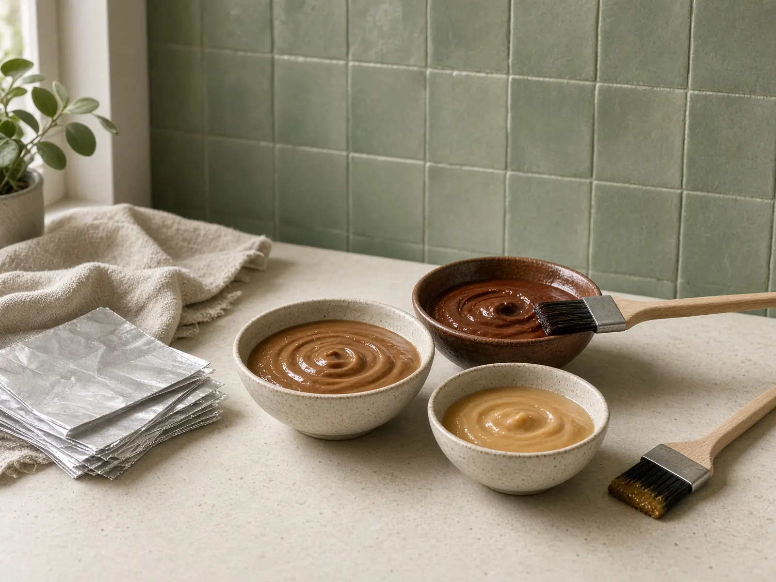 Ceramic bowls of warm hair color, brushes, and foil on a cream counter.