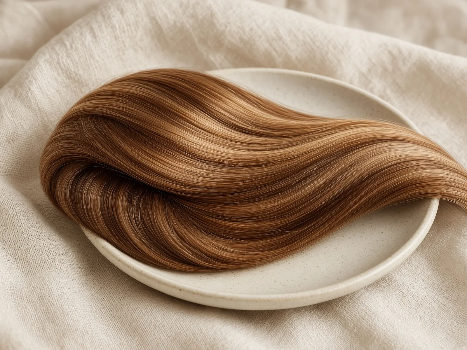 A thick swatch of honey and chestnut hair on a ceramic dish.