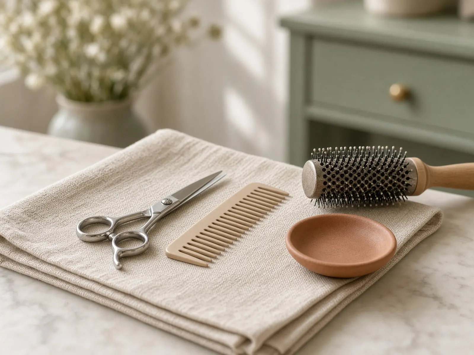 Scissors, a comb, and a round brush on linen at a styling station.