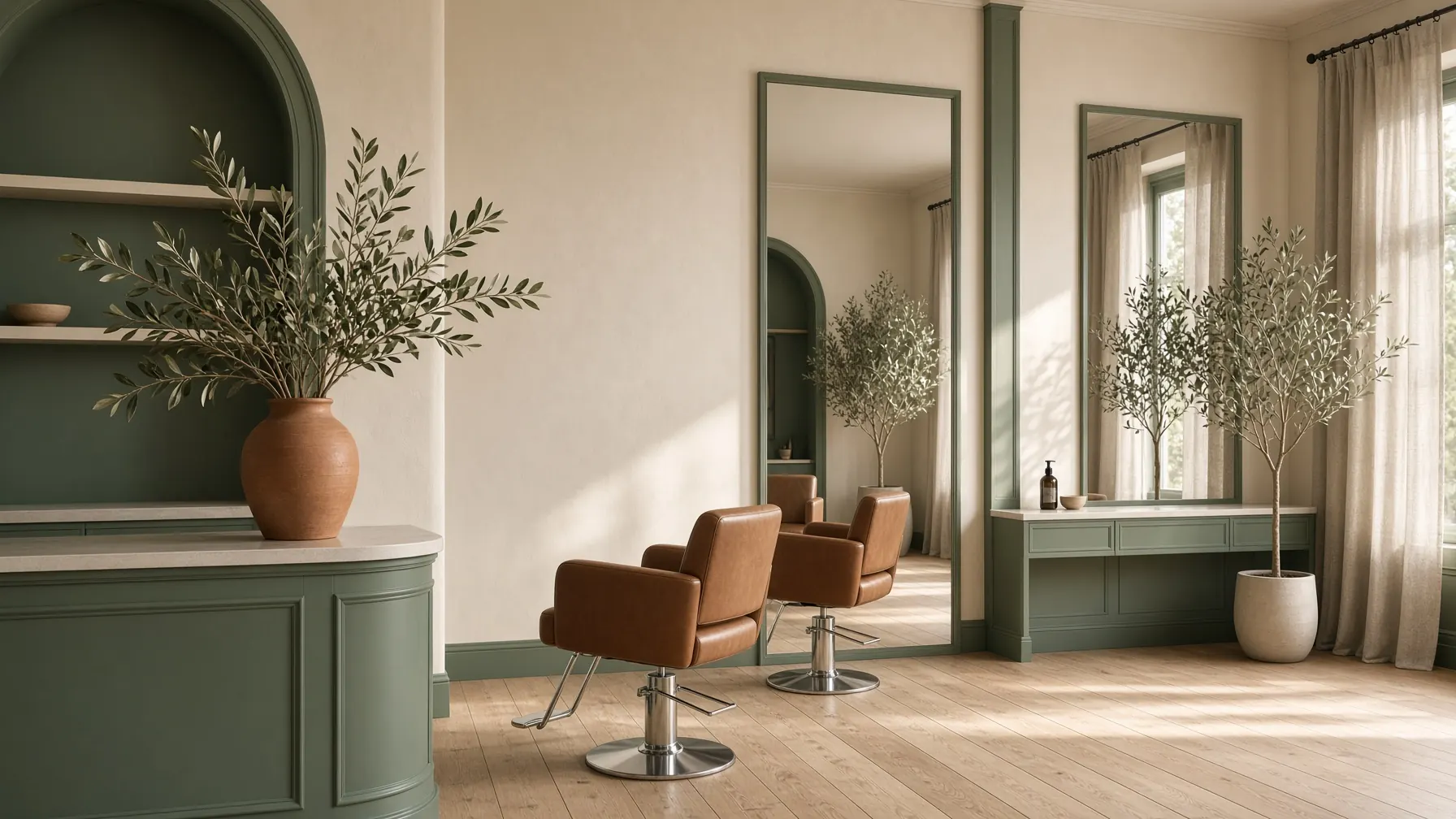 Bright salon interior with sage millwork, cream walls, and empty styling chairs.
