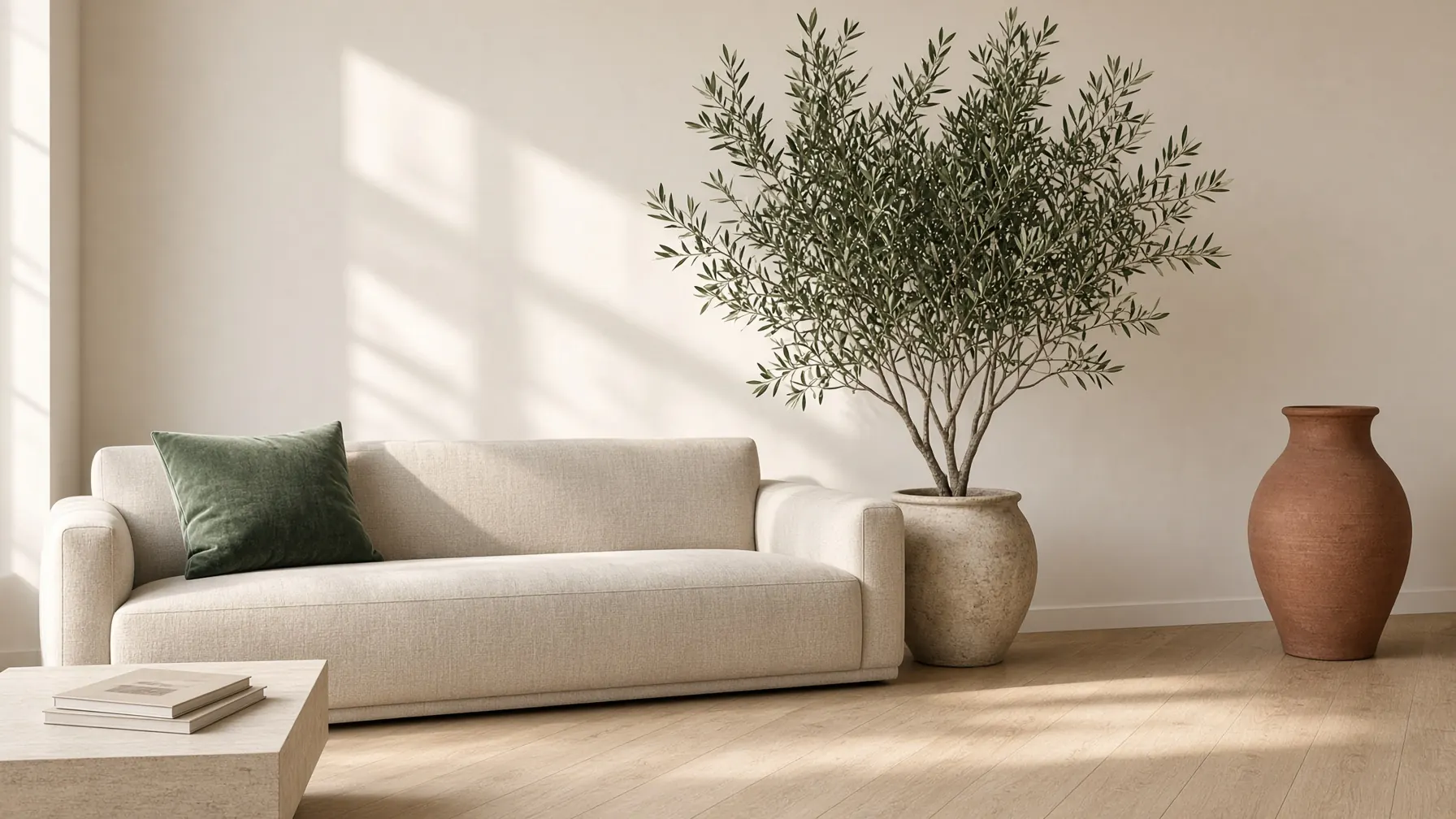 A quiet waiting lounge with a linen sofa, olive tree, and sage pillow.