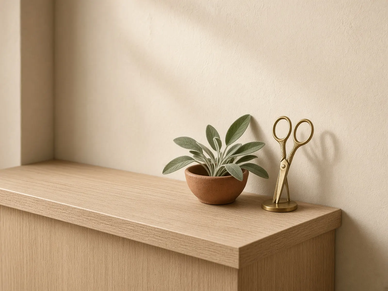 A pale oak reception desk with a brass scissors sculpture and a sprig of sage.